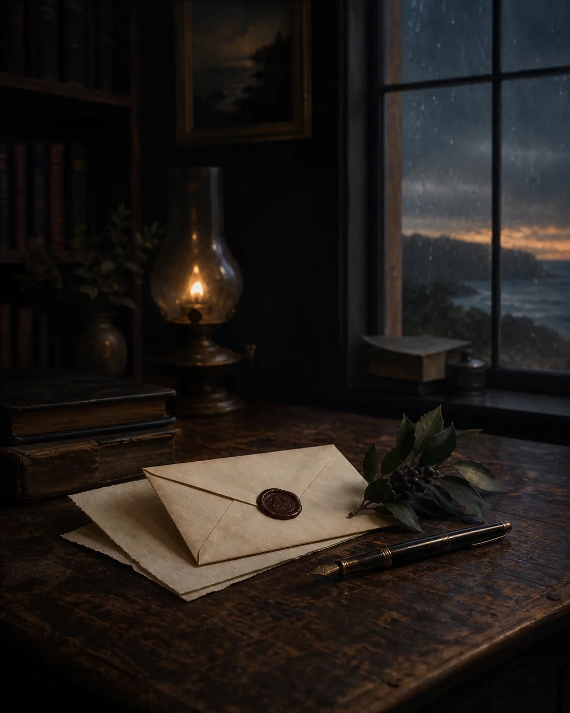 A sealed letter and fountain pen on a writer's desk beside a rain-lit window.