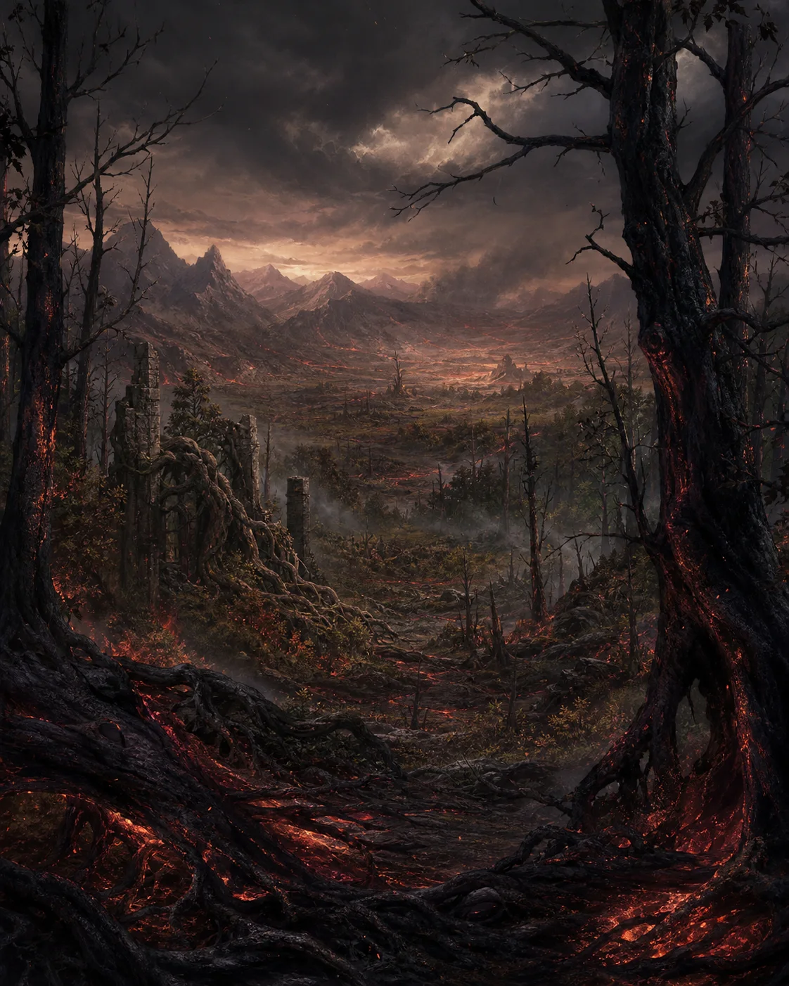 An ancient forest and valley glowing with embers beneath a storm-dark sky.