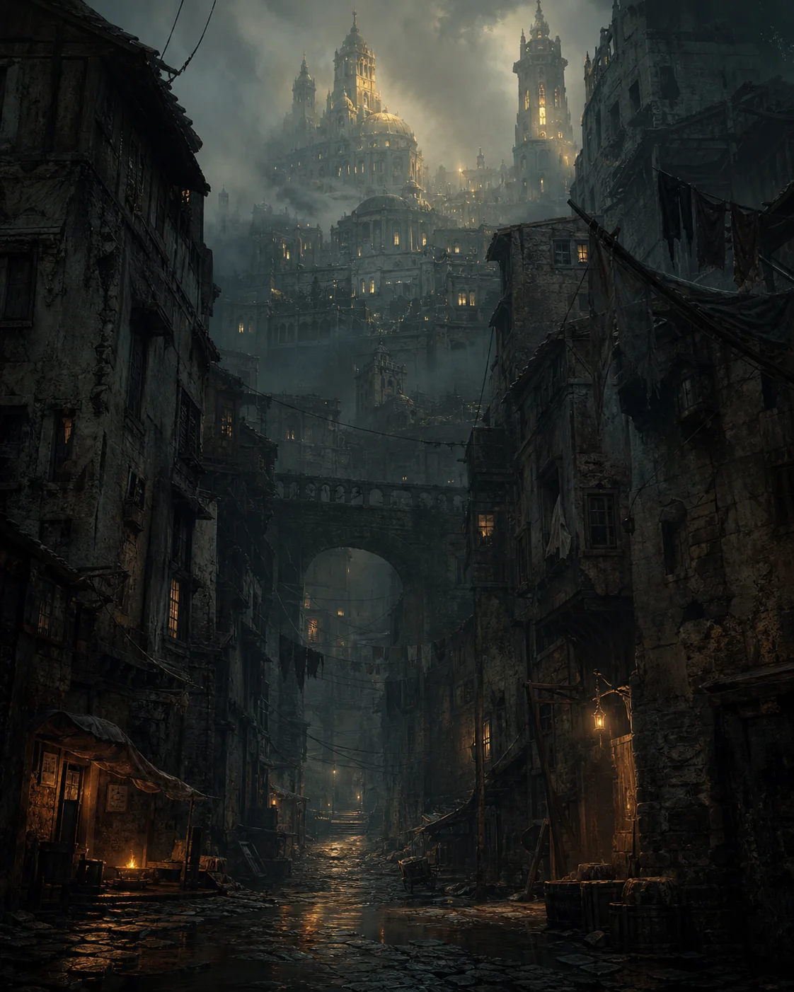 The shadowed lower districts of Vire beneath its illuminated upper city.